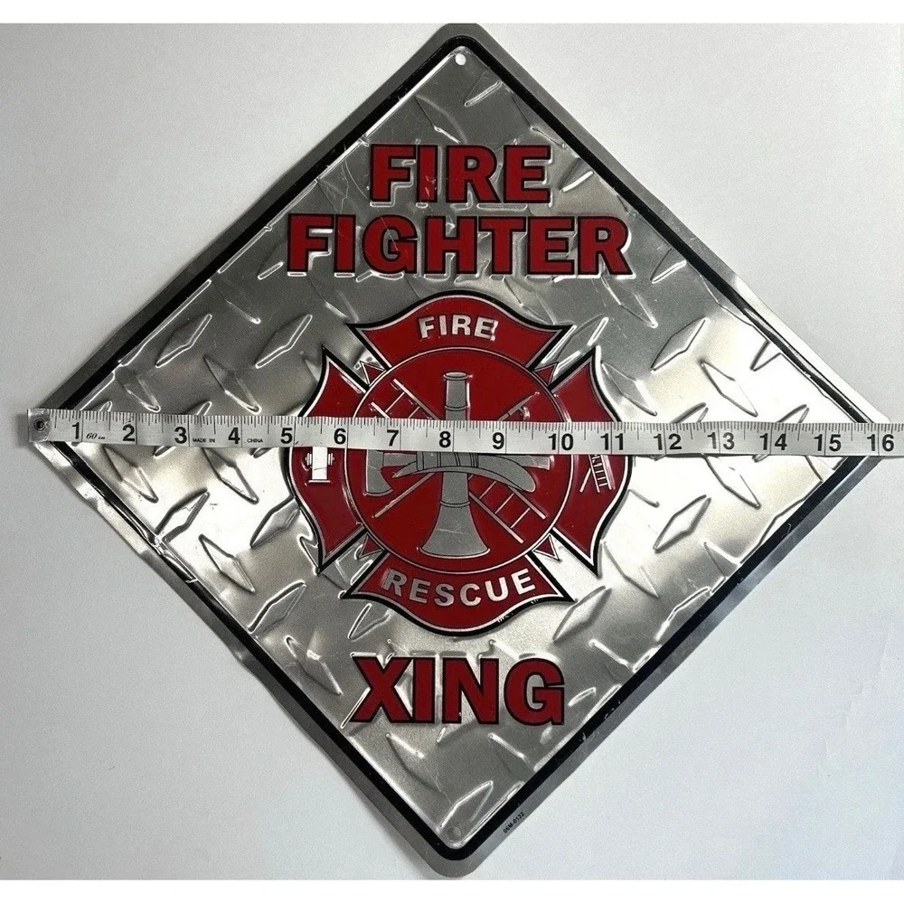 Fire Fighter Crossing Metal Sign Embossed Diamond Plate Fire Rescue 12x12 Silver